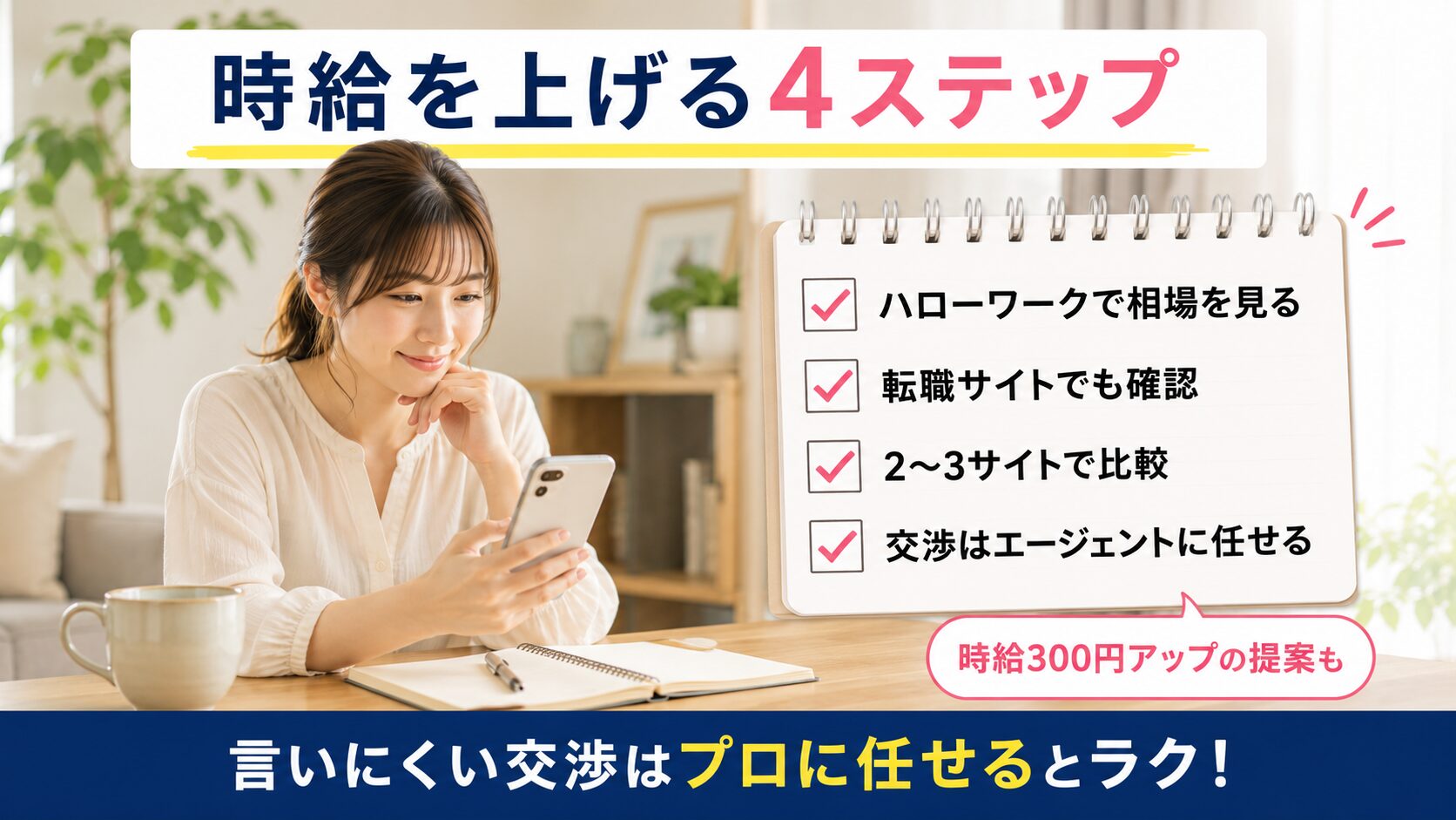 時給を上げる4ステップ。ハローワークで相場を見る、転職サイトでも確認、2〜3サイトで比較、交渉はエージェントに任せる