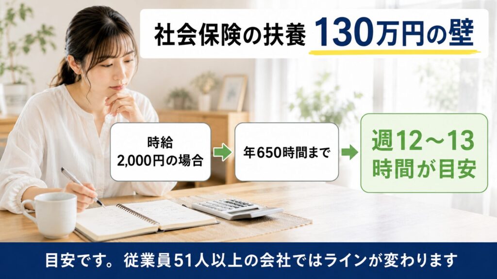 社会保険の扶養130万円の壁。時給2,000円なら年650時間、週12〜13時間が目安。従業員51人以上の会社ではラインが変わる