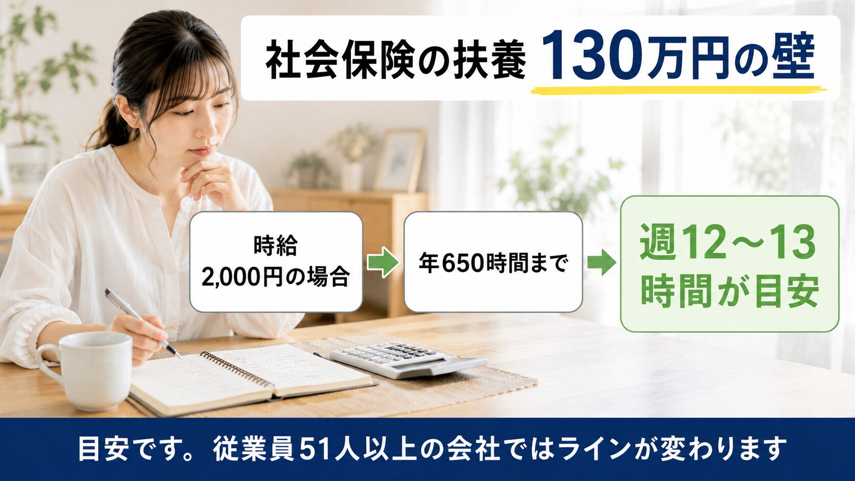 社会保険の扶養130万円の壁。時給2,000円なら年650時間、週12〜13時間が目安。従業員51人以上の会社ではラインが変わる