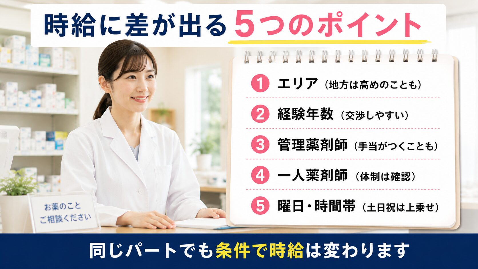 時給に差が出る5つのポイント。エリア、経験年数、管理薬剤師、一人薬剤師、曜日や時間帯